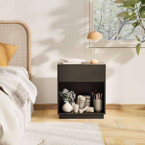 Fluted Nightstands Set of 2, Modern Bedside Table with Drawer and Open Storage Shelf, Wood End Table Mid Century Night Stands for Bedroom Small Spaces, Black