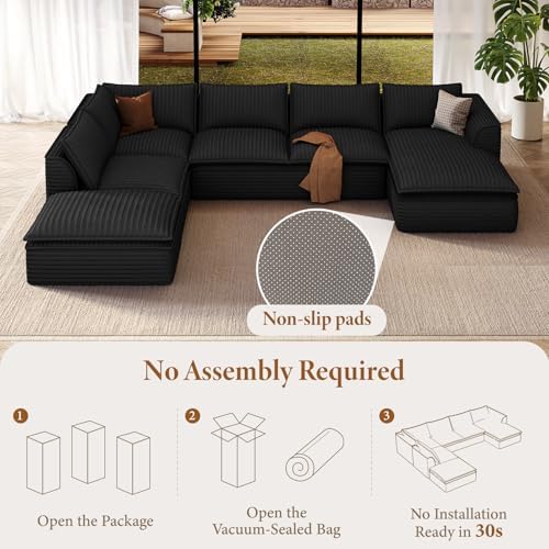 Vesgantti U Shaped Corduroy Boneless Sectional Couch, 6 Seater Sofa, Black