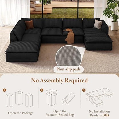 Vesgantti U Shaped Corduroy Boneless Sectional Couch, 6 Seater Sofa, Black