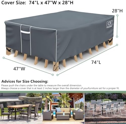 Patio Furniture Cover for Patio Table and Chair Set, 74" L x 47" W x 28" H, Grey