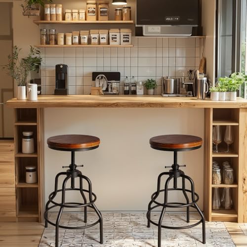 Vintage Industrial Barstools - 13.8" Dia Round Wooden Brown Seat - Black Metal Base - Adjustable Height: 23.6"-29.5" / Minimalist Design/Raw Rustic Look/Rotating Top Bar Chairs, Set of 2