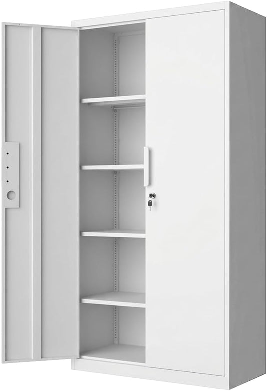 Tall Steel Garage Storage Cabinet with Lock, 71" H Heavy Duty Metal Storage Locker with 4 Adjustable Shelves for Home, Office, White