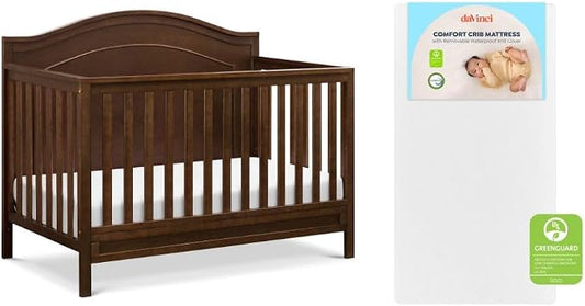 Davinci Charlie 4-in-1 Convertible Baby Crib w/Mattress - Espresso | GREENGUARD Gold Certified, Low-Profile Crib Convertible to Toddler Bed, Daybed, Full Bed - Conversion Kit Sold Separately
