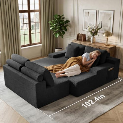 134 Inch Teddy Velvet Boneless Cloud Sectional Sofa, Tatami Style Modular, Frameless Deep Seat, Soft Fluffy Plush Cushions with Side Storage, Compressed No Assembly for Living Room & Apartment