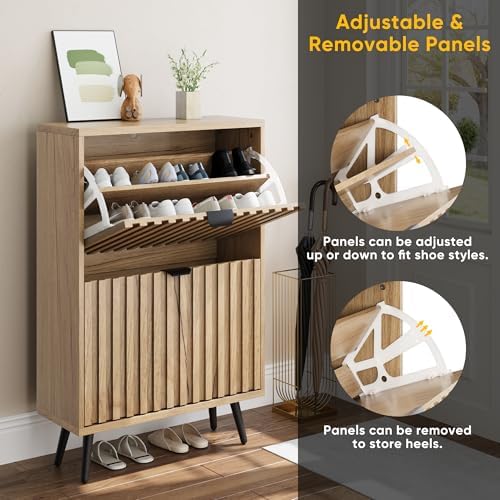 Smuxee Shoe Cabinet with 2 Flip Drawers, 23.6" Natural Hidden Shoe Storage Cabinet with Fluted Design, Freestanding Shoe Organizer Cabinet for Entryway, Hallway, Closet, Living Room