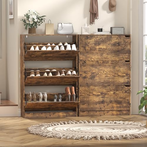 Wodeer Narrow Shoe Cabinet for Entryway, Slim Shoe Storage Cabinet with 3 Flip Drawers, Hidden Wood Shoe Cabinet Storage, Freestanding Shoe Rack Organizer Foyer, Hallway, Grey