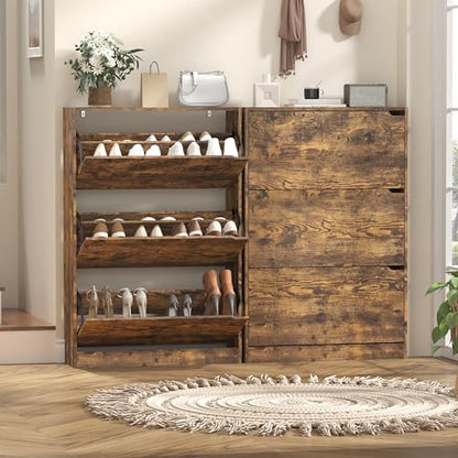 Wodeer Narrow Shoe Cabinet for Entryway, Slim Shoe Storage Cabinet with 3 Flip Drawers, Hidden Wood Shoe Cabinet Storage, Freestanding Shoe Rack Organizer Foyer, Hallway, Grey