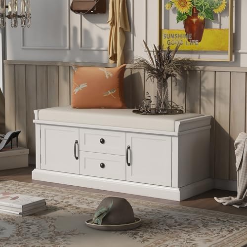 GDFStudio Rustic Storage Bench with 4 Doors 2 Draws Adjustable Shelves Removable Cushion Rectangular Cabinet Foot Rest Stool Solid Wood Shoe Bench Seating for Entryway Living Room, White