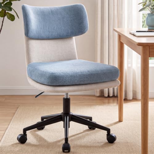 COMHOMA Home Office Desk Chairs with Ergonomic Curved Backrest, Mid Century Modern Vanity Chair with Wheel for Bedroom, Chenille Upholstered, Blue