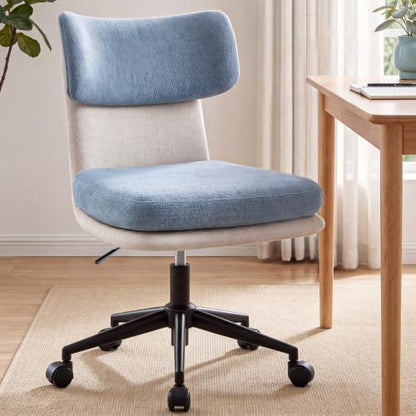 COMHOMA Home Office Desk Chairs with Ergonomic Curved Backrest, Mid Century Modern Vanity Chair with Wheel for Bedroom, Chenille Upholstered, Blue