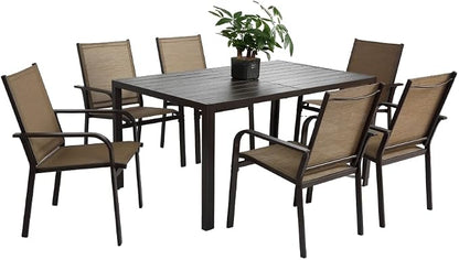 7-Piece Patio Dining Set with Rectangle Table and 6 Stackable Textilene Chairs, Outdoor Furniture for Garden Backyard Deck in Brown