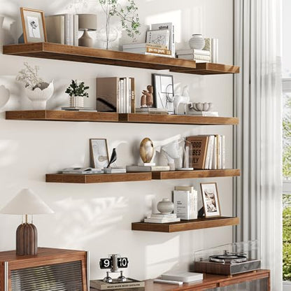 36 Inch Floating Shelves for Wall, 12 Inch Deep Shelves for Bedroom, Kitchen, Bathroom Wall Mounted, Rustic Wood Floating Shelf with Invisible Brackets for Books, Storage, Decor, Brown, 2 Pack