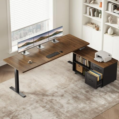 OffiGo 63" L Shaped Electric Standing Desk with Cabinet Sets, Walnut/Black