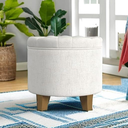 HomePop 19" Button Tufted Round Storage Ottoman - Cream Textured Solid