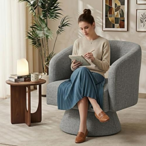 Swivel Accent Chair Set of 2,Mid-Century Barrel Chair(Grey-chenille)