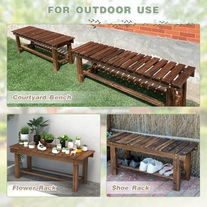 Outdoor Garden Wood Bench, 47.25" Backless Weatherproof Bench Carbonized