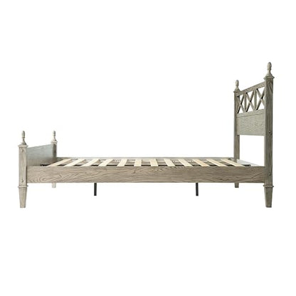 Queen Size Platform Bed Frame with Solid Wood Headboard & Footboard, Metal Legs, 12 Durable Slatted Base, No Box Spring Needed, Easy Assembly, Noise-Free & Anti-Slip, Weathered Gray Oak Finish RIQ-34