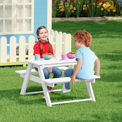 Costaelm Kids Picnic Table, HDPE All Weather Toddler Picnic Table, Toddler Outdoor Table and Chair Set Kids Bench for Patio, Backyard, Garden, Lawn, White