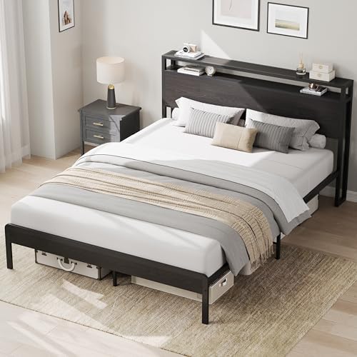 LIKIMIO Queen Bed Frame with 2-Tier Storage Shelf Headboard
