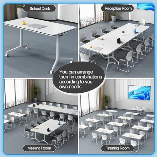 Conference Table, Folding Conference Room Tables on Wheels, Modern Meeting Seminar Table Computer Desk, Boardroom Desk for Office Meeting Conference Room,White,6 Pack 47.2inch