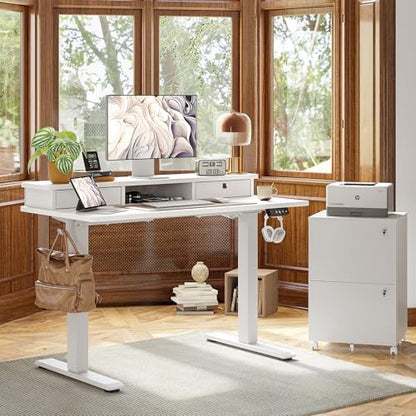 TIQLAB Standing Desk with Two Drawers, Stand Up Standing Desk Adjustable Height, Electric Sit Stand Table with Storage Shelf and Splice Board, 55 * 24 inch, White
