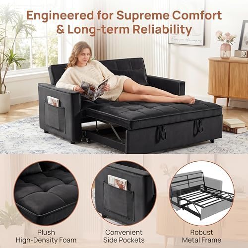 3 in 1 Convertible Sofa Bed, Love Seat Sleeper Bed with Side Pockets, Velvet Fabric Pull Out Couch with Adjustable Backrest for Living Room, Bedroom, Apartment, Black