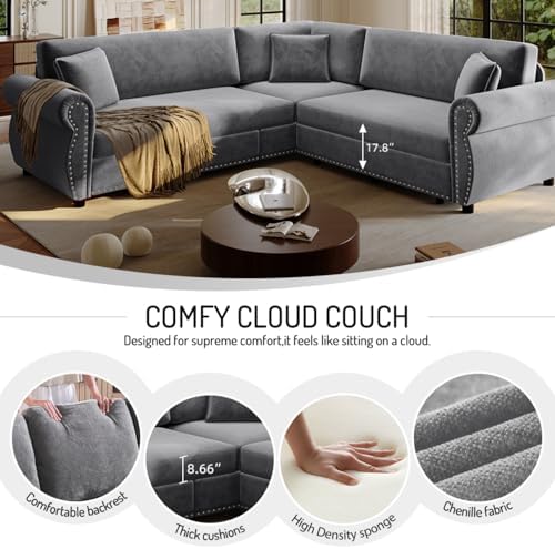 HANXIN 88.2" L-Shaped Sofa Couch with Pull Out Bed, Oversize Convertible Sectional Sleeper Sofa with Nailhead Trim & Rolled Arm, 5 Seat Chenille Upholstered Couches for Living Room(Light Gray)