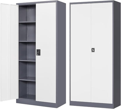 Fesbos Metal Storage Cabinet-72” Tall Steel File Cabinets with Lockable Doors and Adjustable Shelves-White&Gray Steel Storage Cabinet for Home Kitchen, Office, Garage