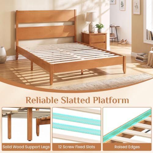 GIANTEX Queen Size Wooden Bed Frame with Slatted Headboard (Warm Brown)