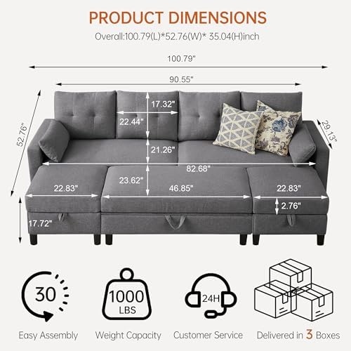 Convertible Sectional Sleeper Sofa with Storages, 100" U Shaped 4 Seater Couch with 2 Movable Ottomans and 1 Ottoman Bench Polyester Fibre for Living Room, Light Grey