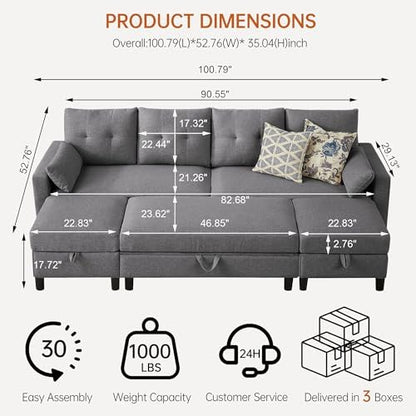 Convertible Sectional Sleeper Sofa with Storages, 100" U Shaped 4 Seater Couch with 2 Movable Ottomans and 1 Ottoman Bench Polyester Fibre for Living Room, Light Grey