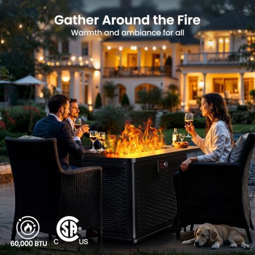 Ciays 43-Inch Rectangular Propane Fire Pit with 60,000 BTU Output, Gas with Cover & Rocks, Table CSA-Certified 2 in 1Table Gatherings Parties with 304 Stainless Steel H-Burner