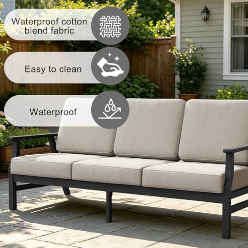 Pia Ricoo Outdoor Premium Teak Wood Couch with Armrests, All‑Weather Outdoor Furniture for Backyard, Deck, Lawn, Light Camel/Dark