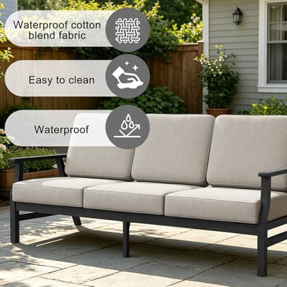 Pia Ricoo Outdoor Premium Teak Wood Couch with Armrests, All‑Weather Outdoor Furniture for Backyard, Deck, Lawn, Light Camel/Dark