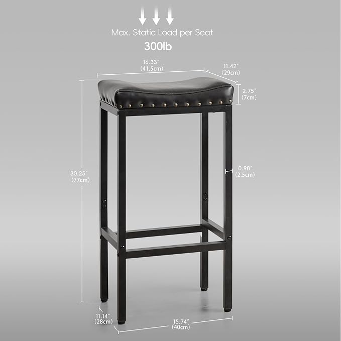 Forteek Counter Height Bar Stools, 30 Inch, Industrial Vintage Bar Stool with Nailhead, Faux Leather Barstool with Footrest, Saddle Stool for Kitchen Island, Dining Room, Easy Assembly