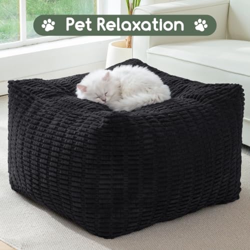 HIGOGOGO Square Stuffed Pouf Ottoman, Blended Corduroy Poufs with Foam Chunk Filling, 25.6 x 25.6 Inches Floor Poufs Foot Rest for Living Room, Black