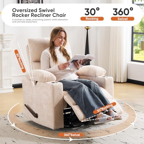 Swivel Rocker Recliner with Adjustable Armrests, Rocking Nursery Chair with Adjustable Headrest, Cup Holder, Manual Recliner Nursing Chair, Chenille Beige