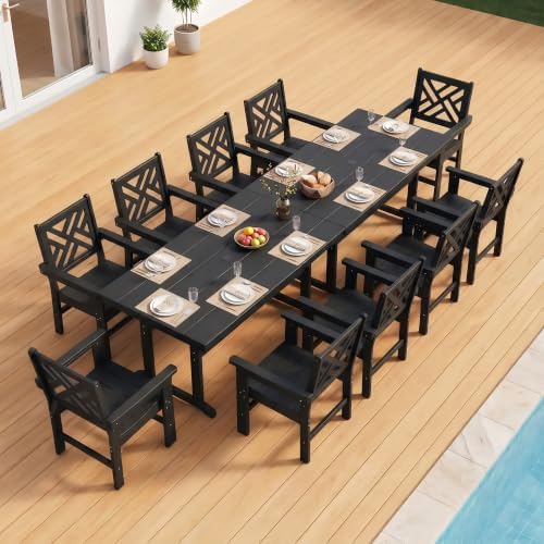 12 Piece HDPE Outdoor Dining Set for 10, Patio HDPE Furniture Set with 2 Table and Umbrella Hole, Outdoor Table and Chairs for Garden, Poolside, Backyard, Deck