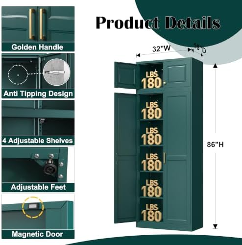 Steeloong 86"Metal Pantry Storage Cabinet with Doors & 4 Adjustable Shelves