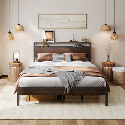 LIKIMIO Queen Bed Frame with 2-Tier Storage Shelf Headboard