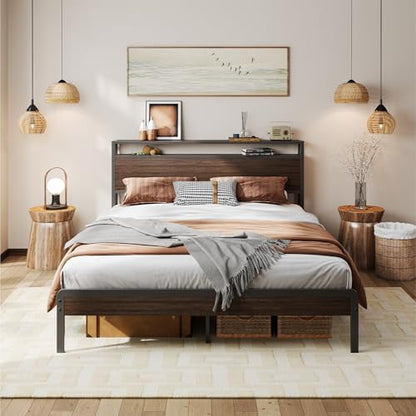 LIKIMIO Queen Bed Frame with 2-Tier Storage Shelf Headboard