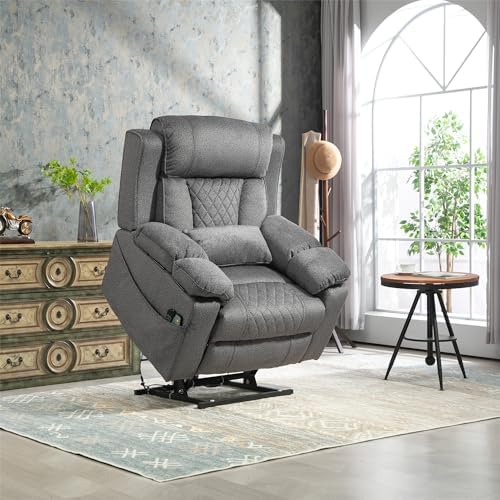 Oversized Recliner Chair for Big Man Lay Flat 180°, 28 Inch Extra Wide Power Lift Recliner with Heat Massage, Dual Motor, Flip Arm Storage Cup Holder for Elderly