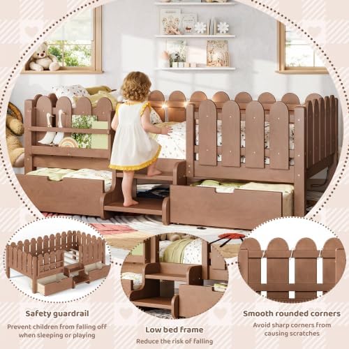 Bellemave Twin Size Platform Bed with Storage Drawers & Bookshelf for Boys Girls, Kids Twin Bed Frame with LED Lights & Stairs for Children's Room, Deep Natural
