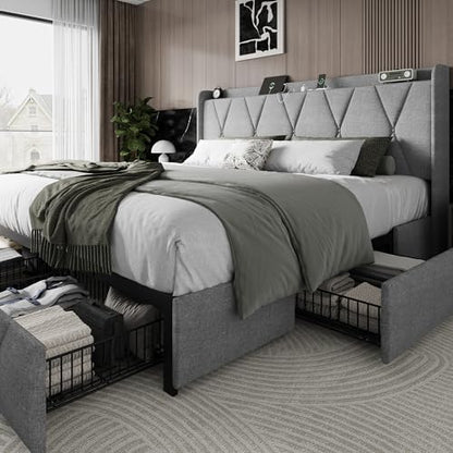Einhomn King Size Bed Frame with 4 Storage Drawers and Charging Station, Upholstered Platform Bed Frame with Storage Headboard, No Box Spring Needed, Easy Assembly, Light Grey