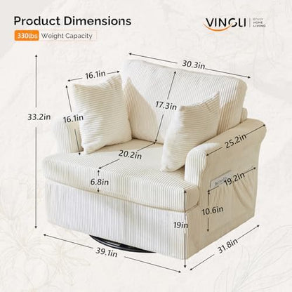 VINGL 39.2" Wide 360° Swivel Accent Armchairs with Pillows Set of 2, Oversized Single Sofas, Chair and a Half with Side Pockets and Wide armrest for Living Room, Bedroom, Reading Room, Corduroy Beige