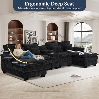 OUYESSIR 132" U Shaped Cloud Sectional Couch with USB Port, Dark Black