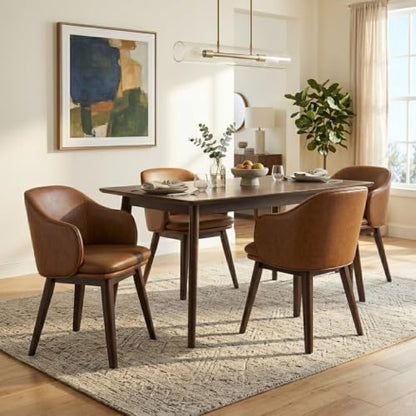 KISLOT Wooden Dining Chairs Set of 4, Faux Leather Upholstered Modern Dining Room Chairs with Barrel Backrest & Double-Layer Thick Cushion for Living Room, Restaurant, Kitchen and Café, Brown, 2 Boxs