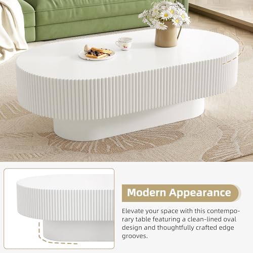 Merax Modern Fluted 43.3" W Oval Coffee Table for Living Room, White