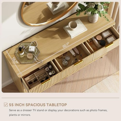 CARPETNAL Fluted 7 Drawer Dresser for Bedroom, 55" Wide Wooden Chest of Drawers with Rounded Corners, Gold Handles, Modern Storage Organizer for Bedroom, Hallway(Oak)