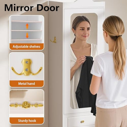 Armoire Wardrobe Closet, Updated 15.7" W White Bedroom Armoires Cabinet with Mirror Door and 3 Drawers, 69.5" H Clothing Storage Cabinet with Hanging Rod & Sensor Light for Bedroom-Left